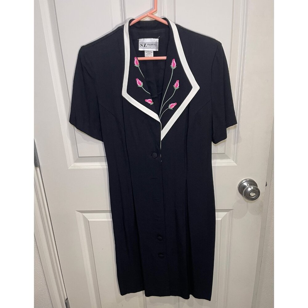 Vintage SL Fashions Petites 10 Black Dress Embroidered Floral Collar Button Fron